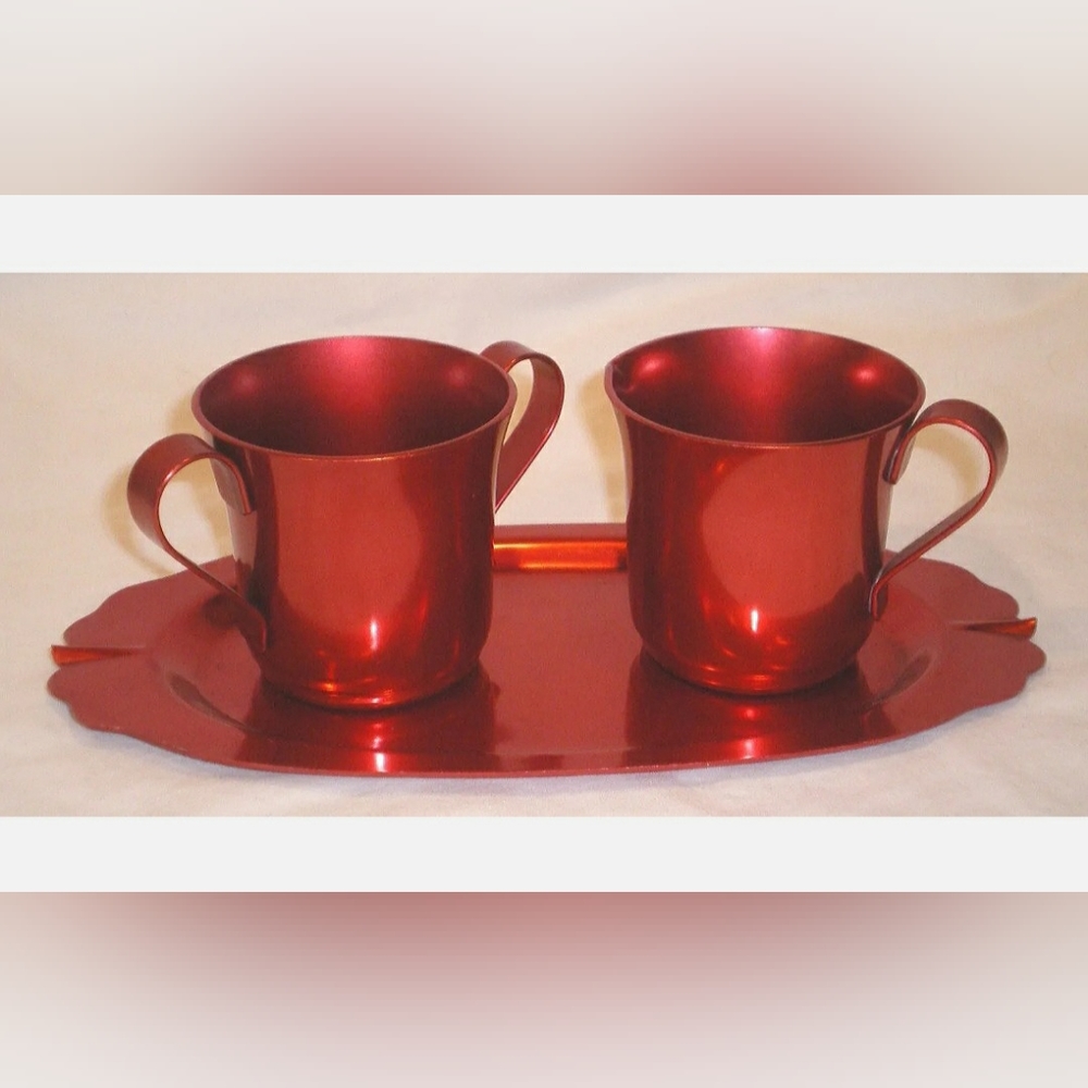 VTG Color Craft Red Metal Creamer & Sugar on Tray EXCELLENT CONDITION